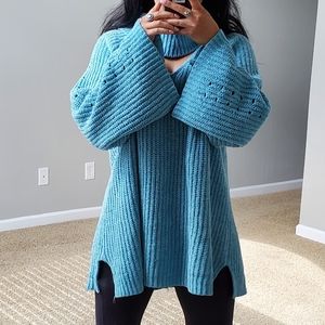 Sky Blue Cowl Neck Bell Sleeve Soft Knit Sweater